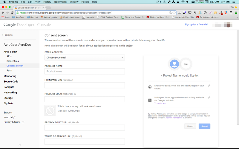 Google Console - Consent screen