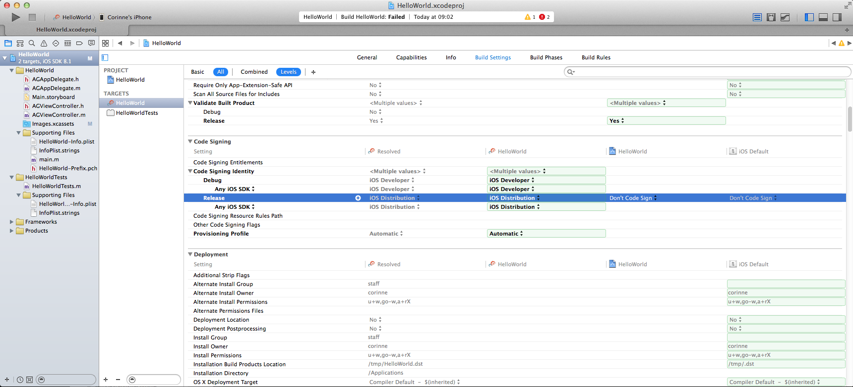Xcode project settings